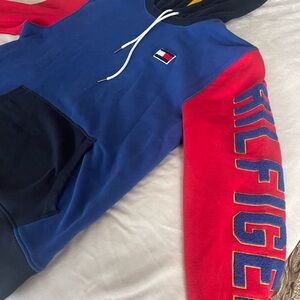 Tommy Hilfiger Men's Blue and Red Logo Hoodie